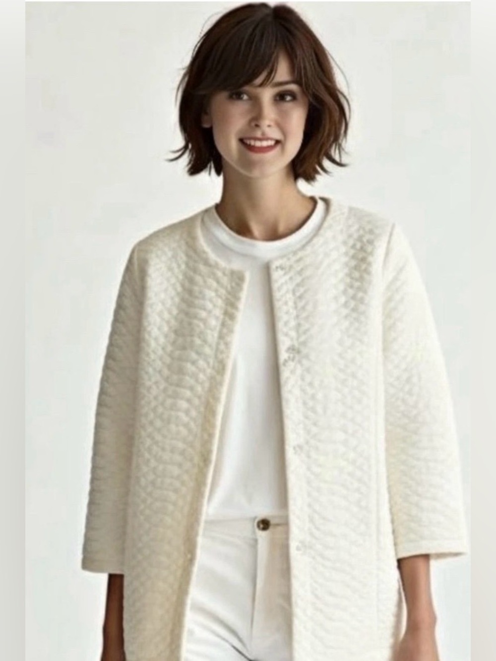 Soft Surroundings Quilted Texture Long Jacket M Gray Cream Snap Classy Timeless
